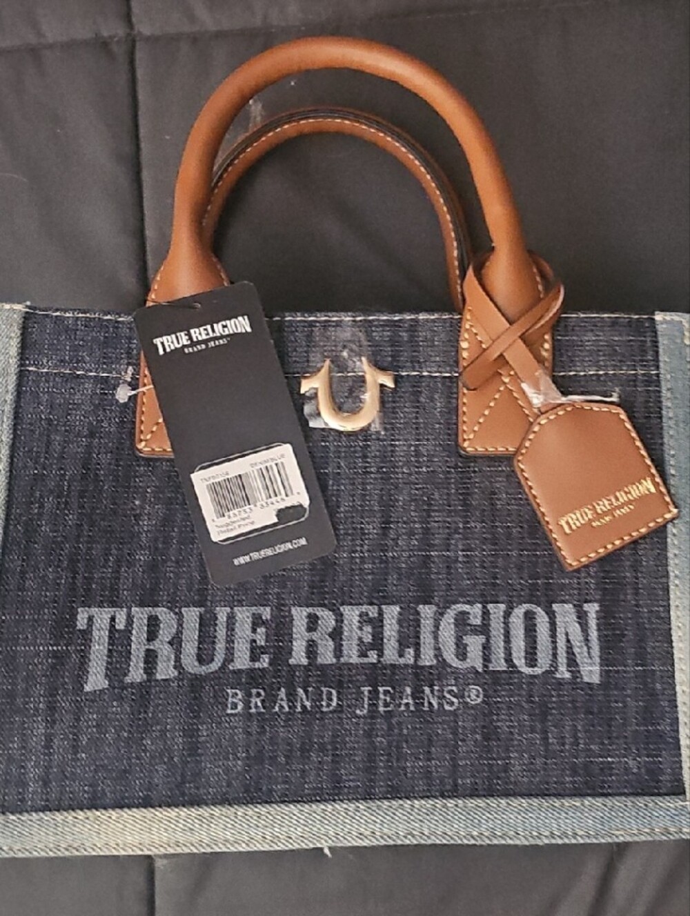 NEW-True Religion Denim Tote with Brown Leather Trim